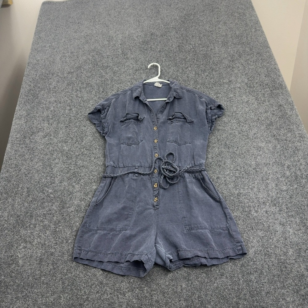 Nicole Miller Romper Women S Blue Linen Lyocell Short Sleeve Braided Belt Casual